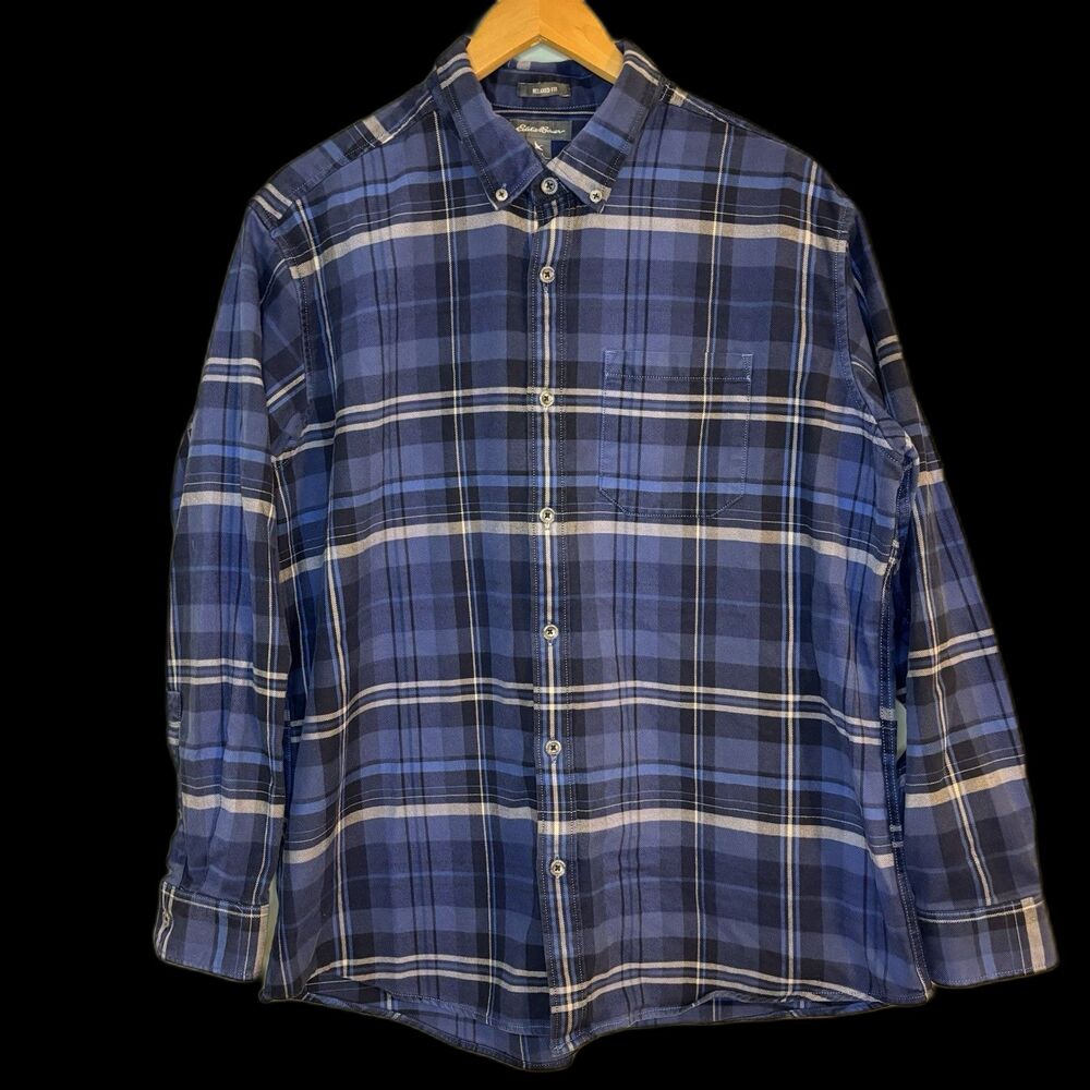 Eddie Bauer Shirt Men's Large Blue Plaid Button Down Long Sleeve Flannel Relaxed